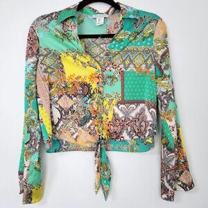 Rachel Zoe Patchwork Paisley Boho Tie Front Cropped Blouse Festival
